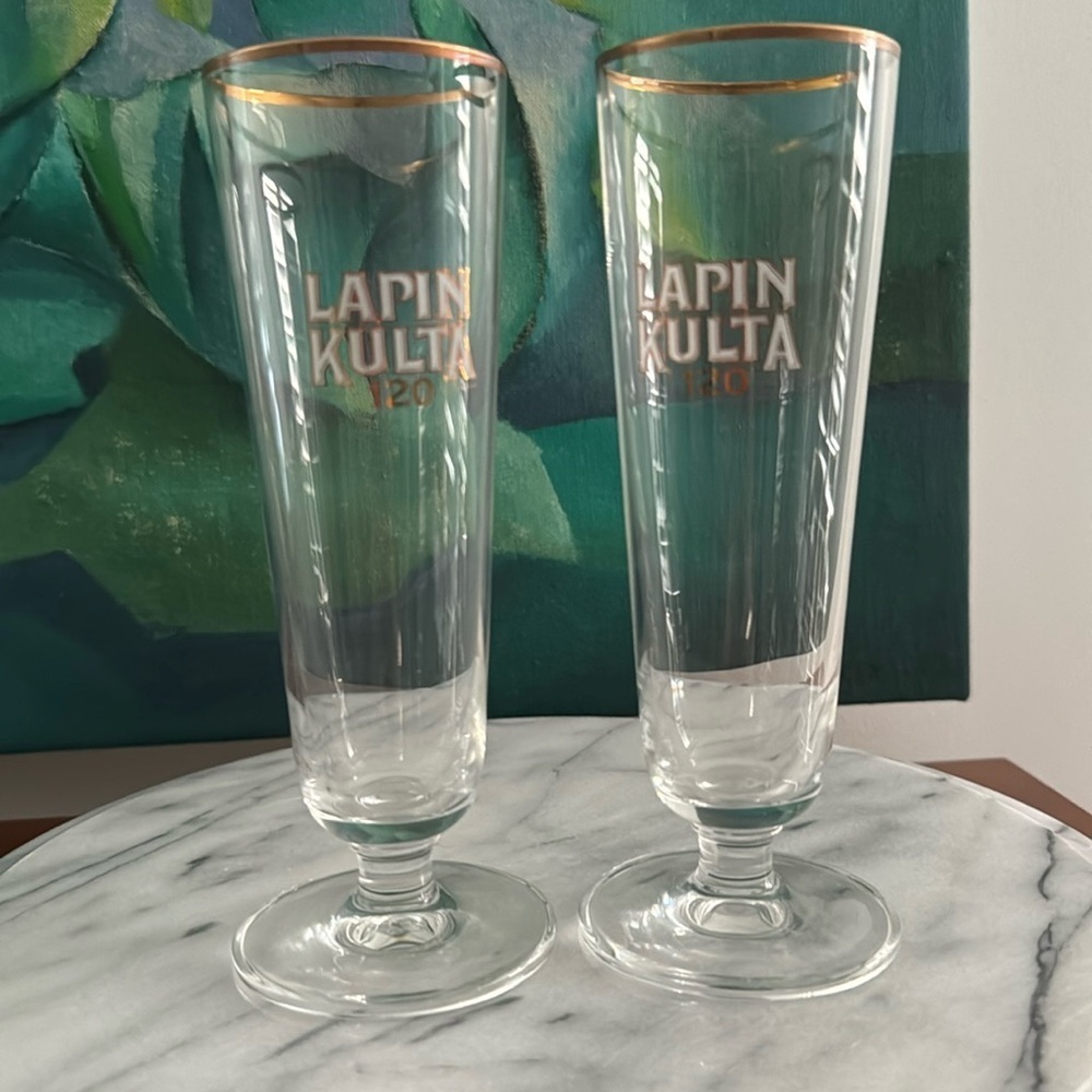 Finnish Lapin Kulta Brewery Commemorative Beer Flutes/Glasses (2)